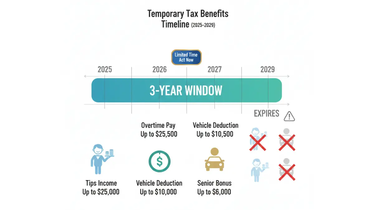 Tax Brackets timeline showing temporary deductions and credits expiring after 2028
