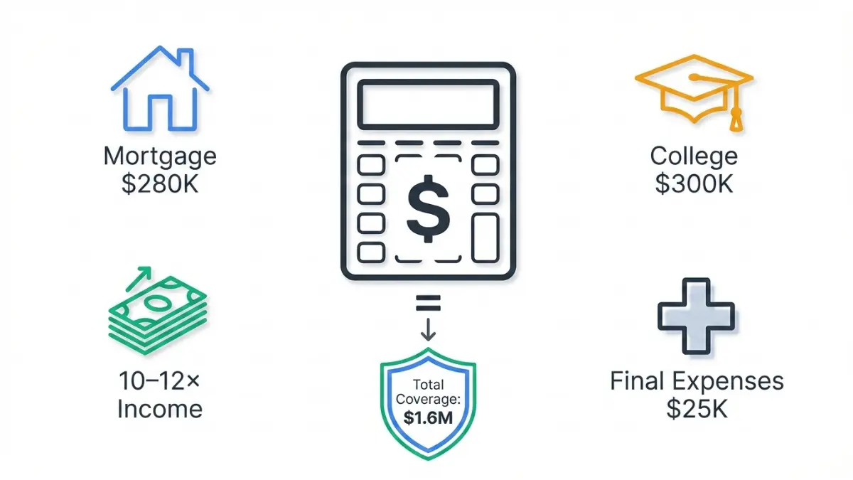 Term Life Insurance coverage needs calculator showing mortgage, education, income replacement and final expenses