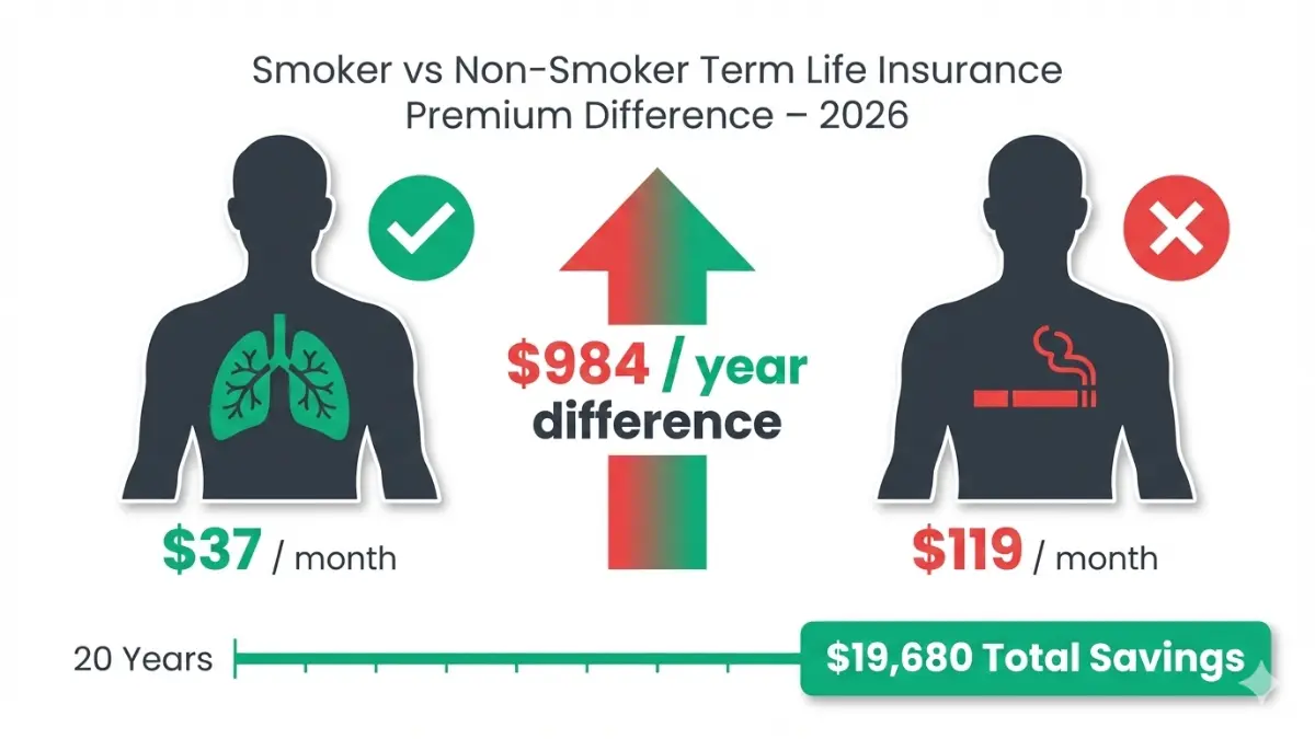 Term Life Insurance premium difference between smoker and non smoker showing monthly and long term cost