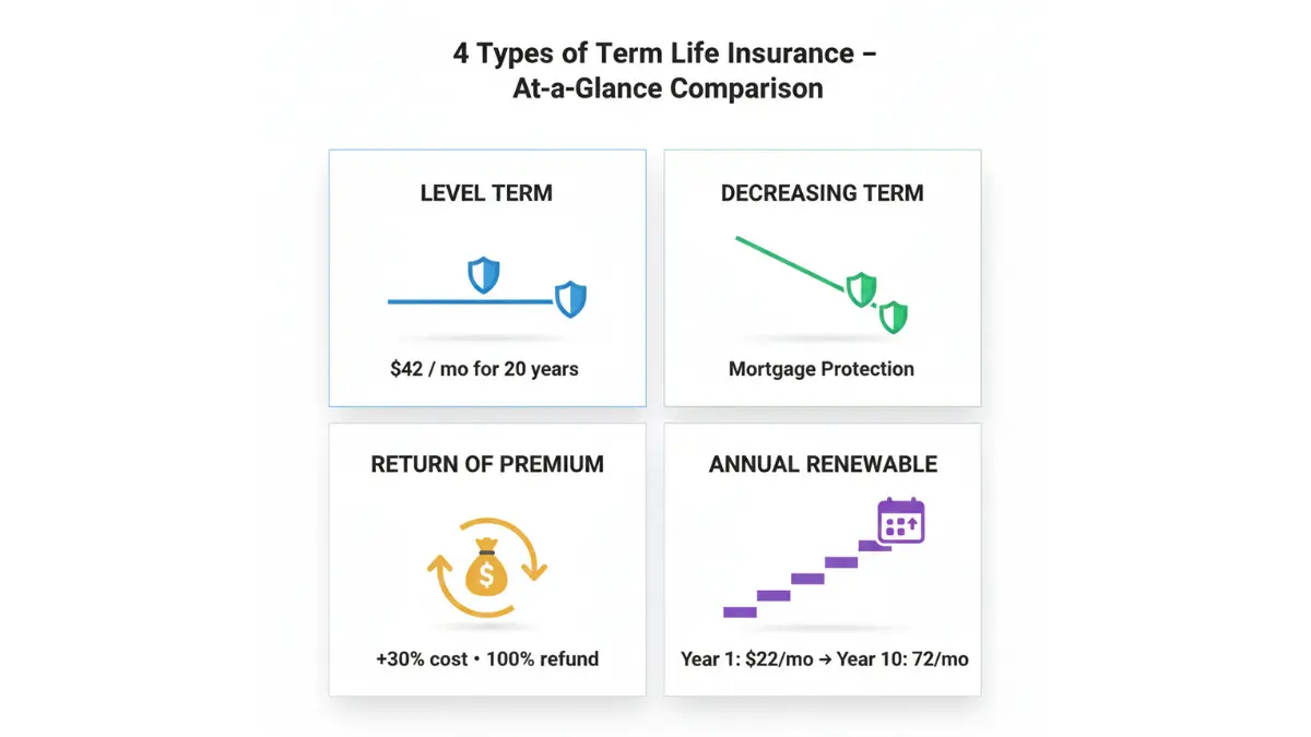 Term Life Insurance types comparison including level term decreasing term return of premium and annual renewable