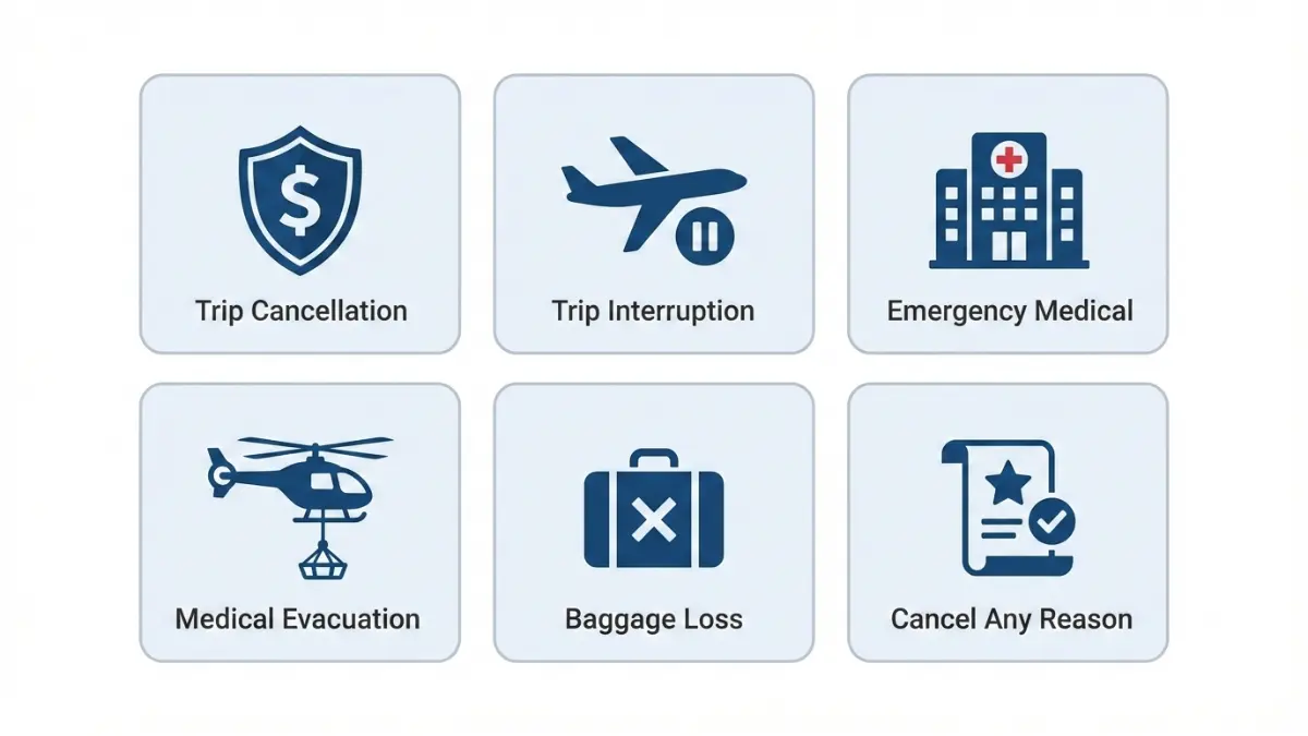 Travel Insurance coverage types including trip cancellation, interruption, emergency medical, evacuation, baggage loss and cancel for any reason