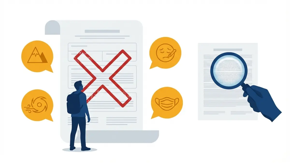 Travel Insurance policy exclusions showing denied coverage for extreme sports, pre existing conditions, storms and pandemics