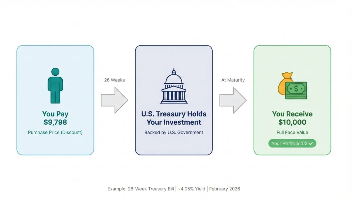 Treasury Bill discount purchase to maturity payment flow diagram showing investor paying less and receiving full face value