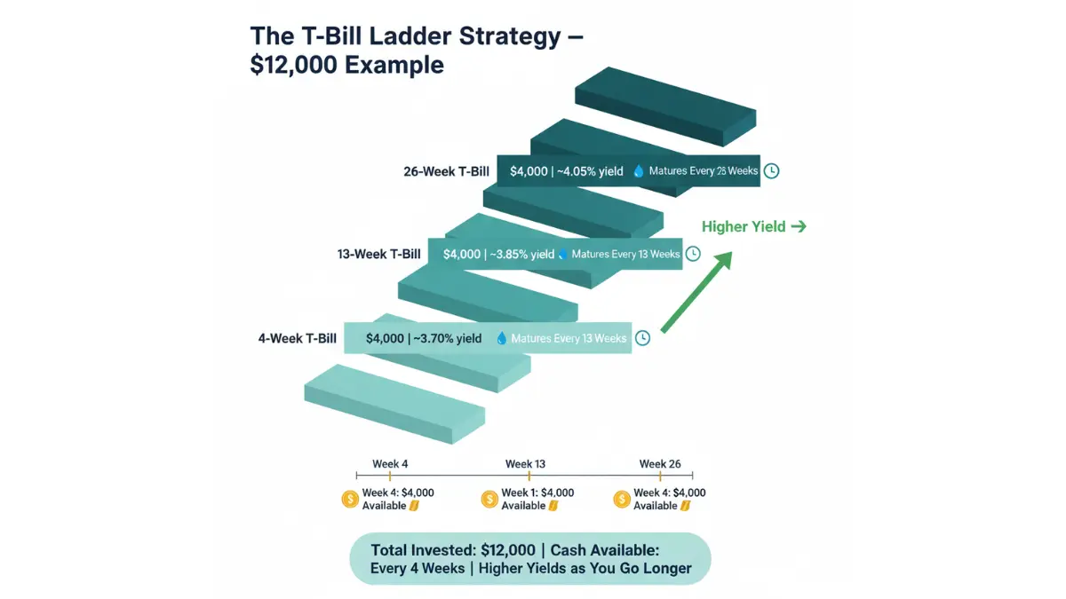 Treasury Bill ladder strategy example showing staggered T-bill maturities for steady cash flow and higher yields