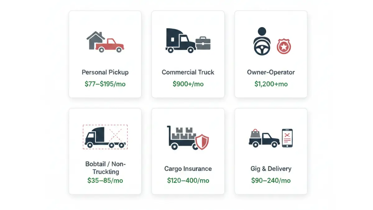 Truck Insurance coverage types and monthly cost comparison for pickup, commercial truck, owner-operator, bobtail, cargo and gig delivery