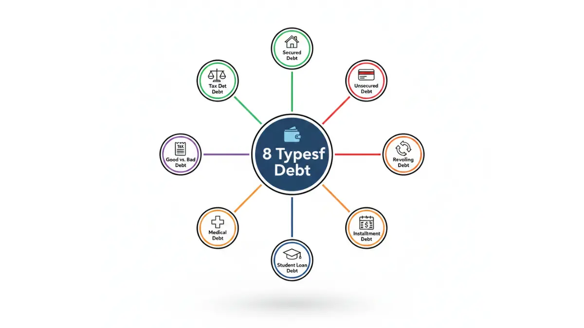 8 Types of Debt wheel diagram showing secured unsecured revolving installment student medical tax and good vs bad Debt