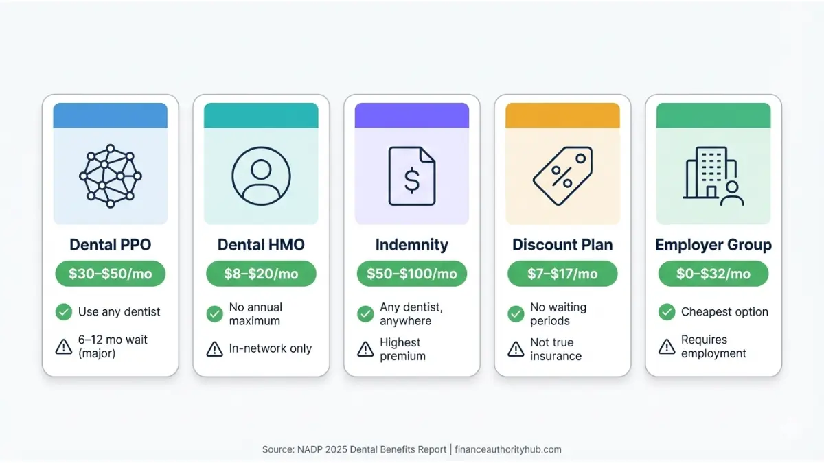 Dental insurance plans types comparison PPO HMO indemnity discount employer