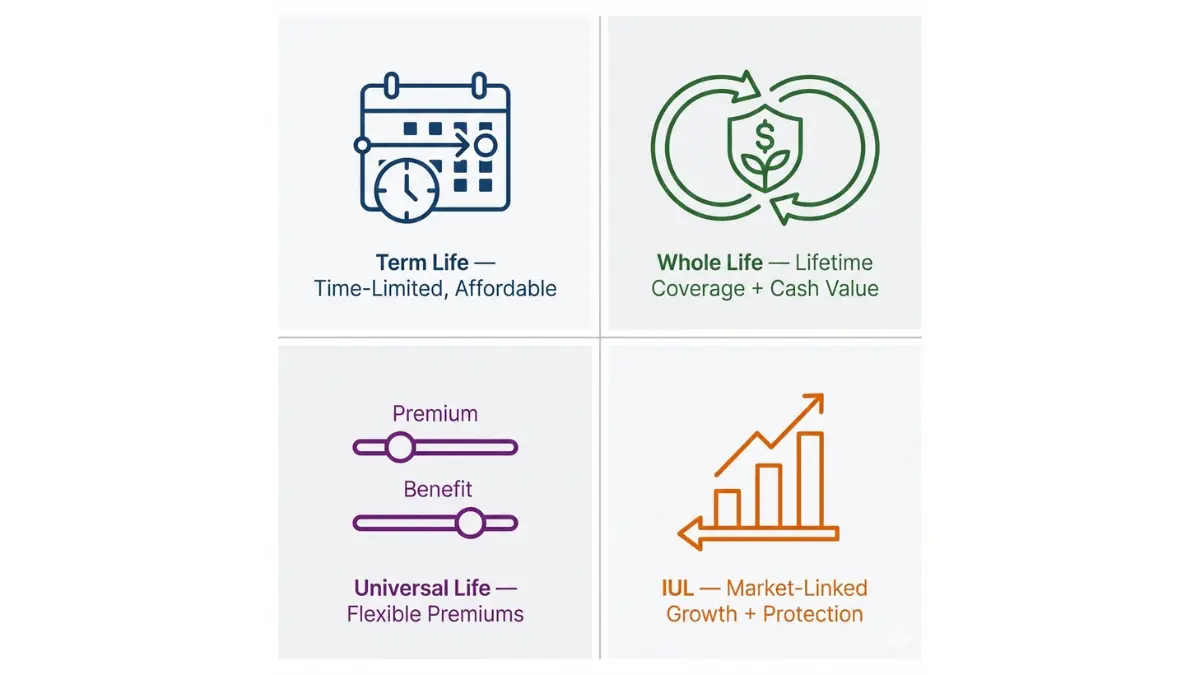 Comparison grid showing the four main types of Life Insurance including term whole universal and indexed universal policies