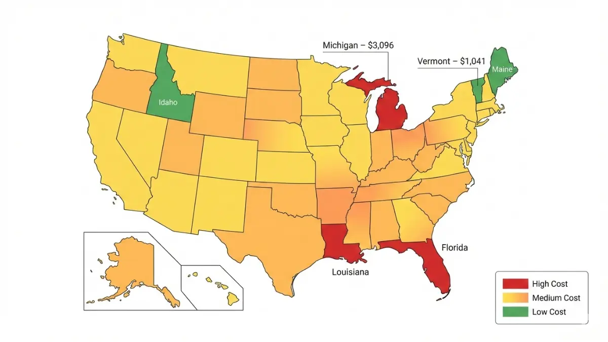 Car Insurance heat map of the United States showing 2026 average premium costs by state with Michigan highest and Vermont lowest