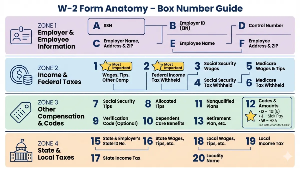 W2 Form anatomy showing box numbers and sections explained visually