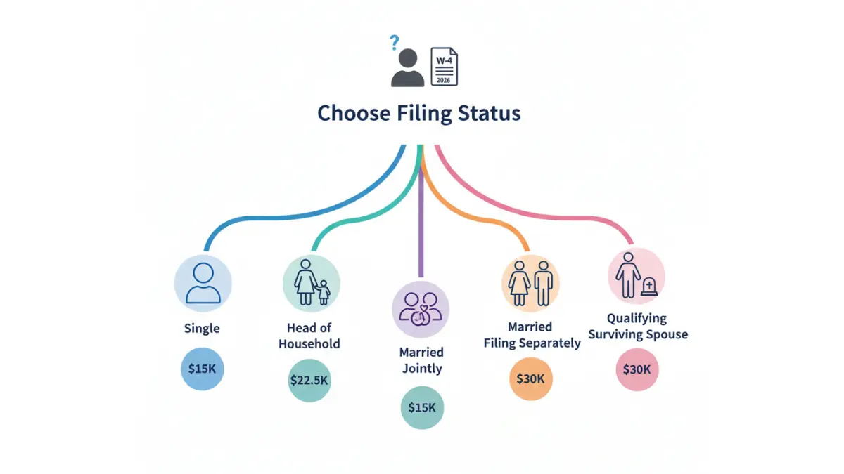 W4 form filing status decision tree showing single, married, head of household and surviving spouse options