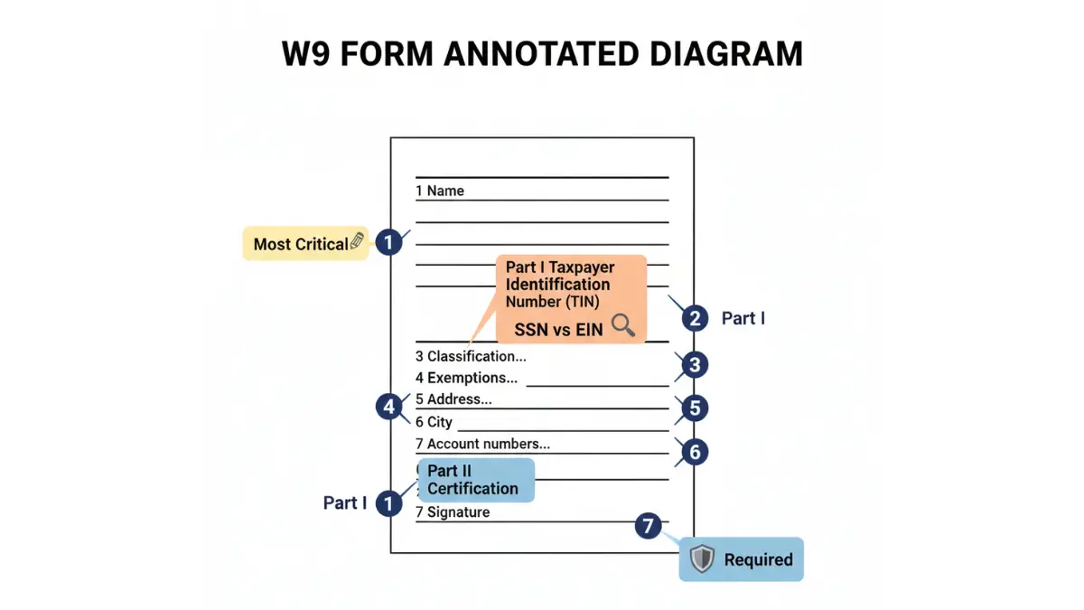 W9 Form annotated diagram highlighting key lines name TIN and signature sections
