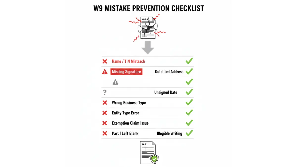 W9 Form mistake prevention checklist showing common errors and correct fixes