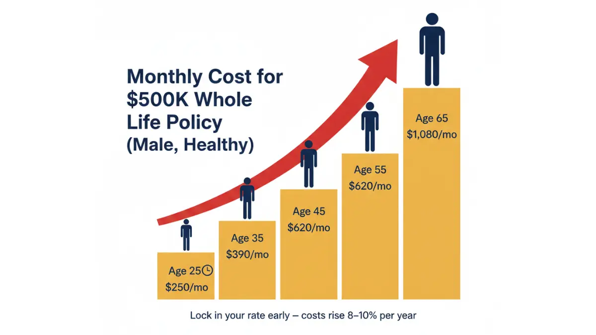 Staircase chart showing rising monthly premiums for Whole life insurance as age increases