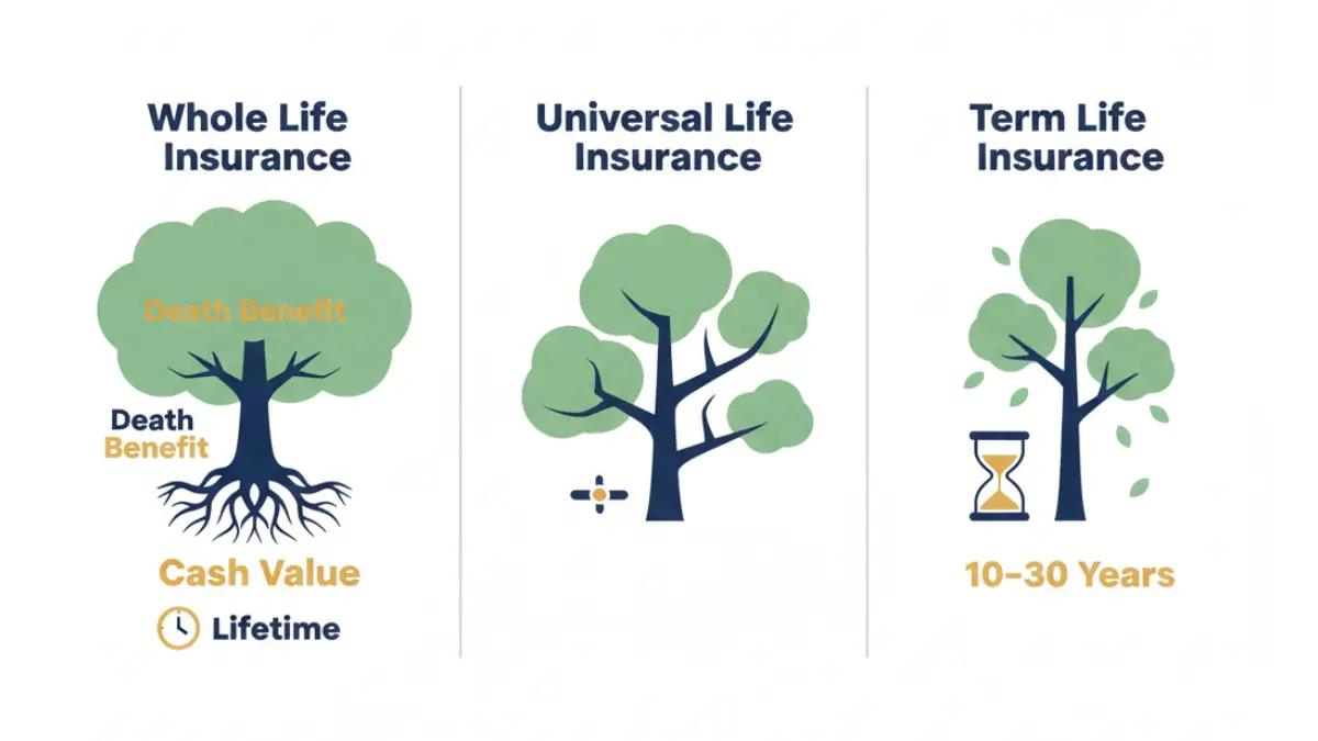 Tree comparison showing Whole life insurance versus term and universal life insurance differences