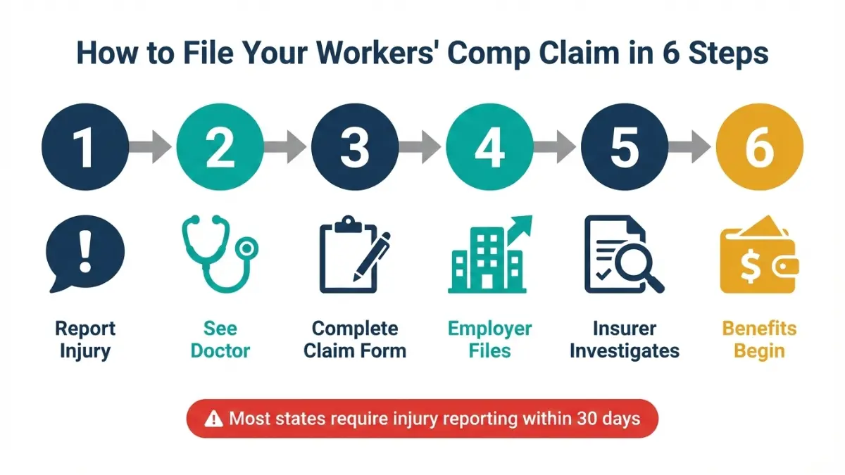Six step process for filing a Workers' Compensation claim from reporting injury to receiving benefits