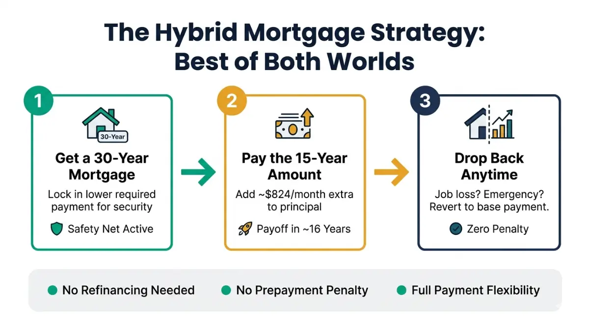 30-Year vs 15-Year Mortgage hybrid strategy showing flexible payments and faster loan payoff approach