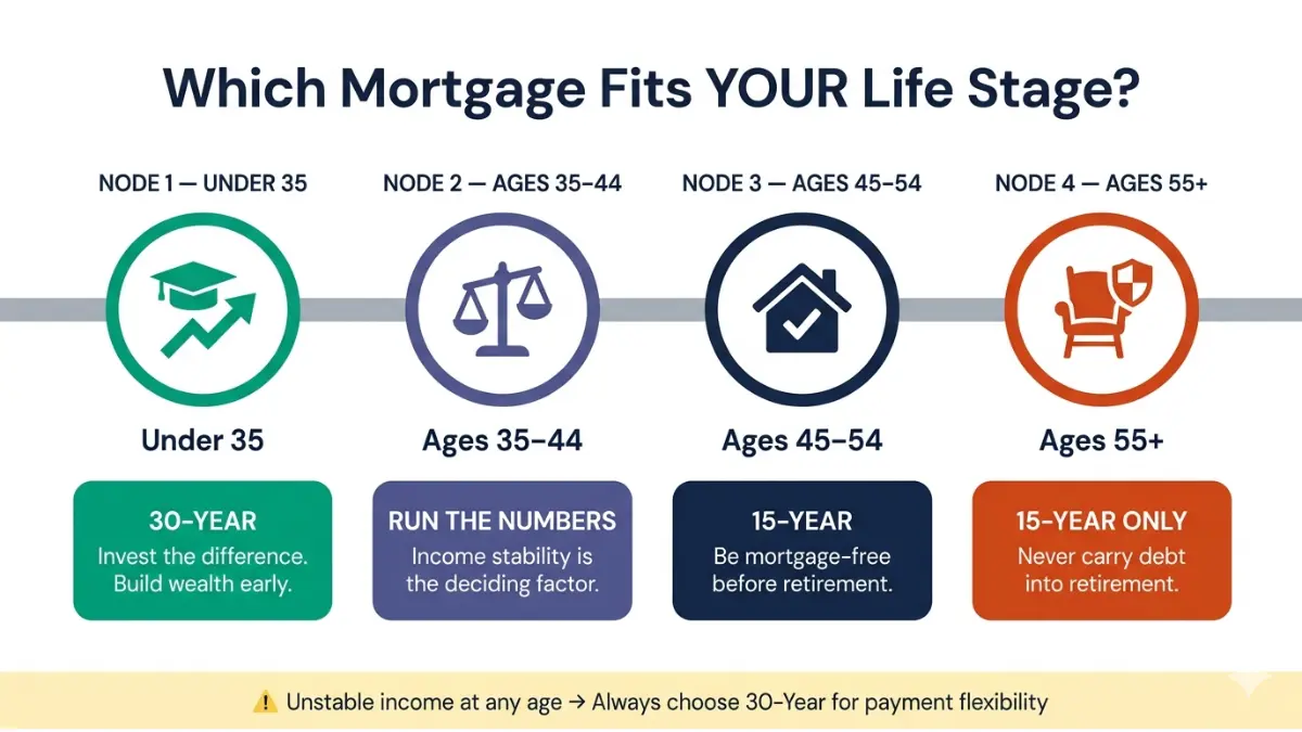 30-Year vs 15-Year Mortgage decision guide based on age and life stage financial strategy