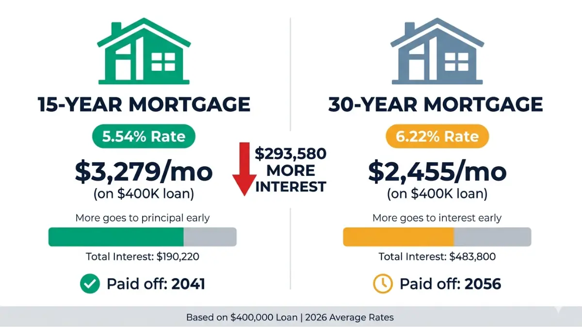 30-Year vs 15-Year Mortgage payment comparison showing monthly payment, interest cost, and payoff timeline differences