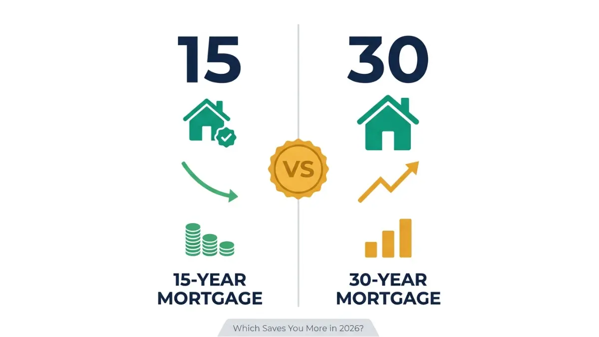 30-Year vs 15-Year Mortgage visual comparison showing cost savings and long-term financial differences