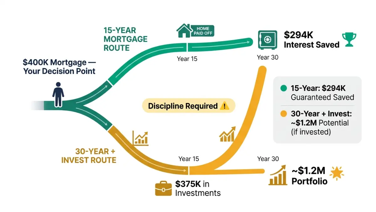 30-Year vs 15-Year Mortgage wealth journey showing interest savings vs investment growth over time