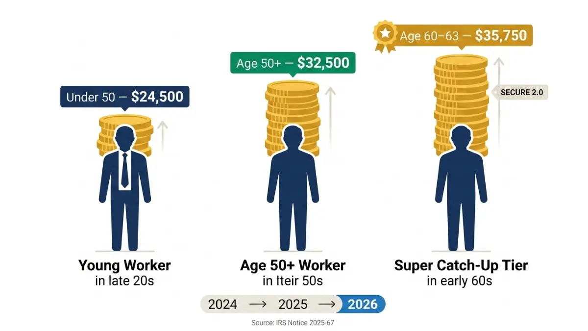 2026 contribution limits by age shown visually for retirement planning using a 401(k) Calculator