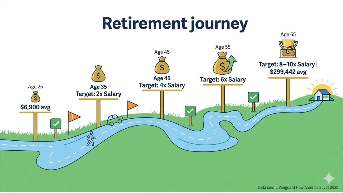 Retirement savings milestones by age visualized for planning with a 401(k) Calculator
