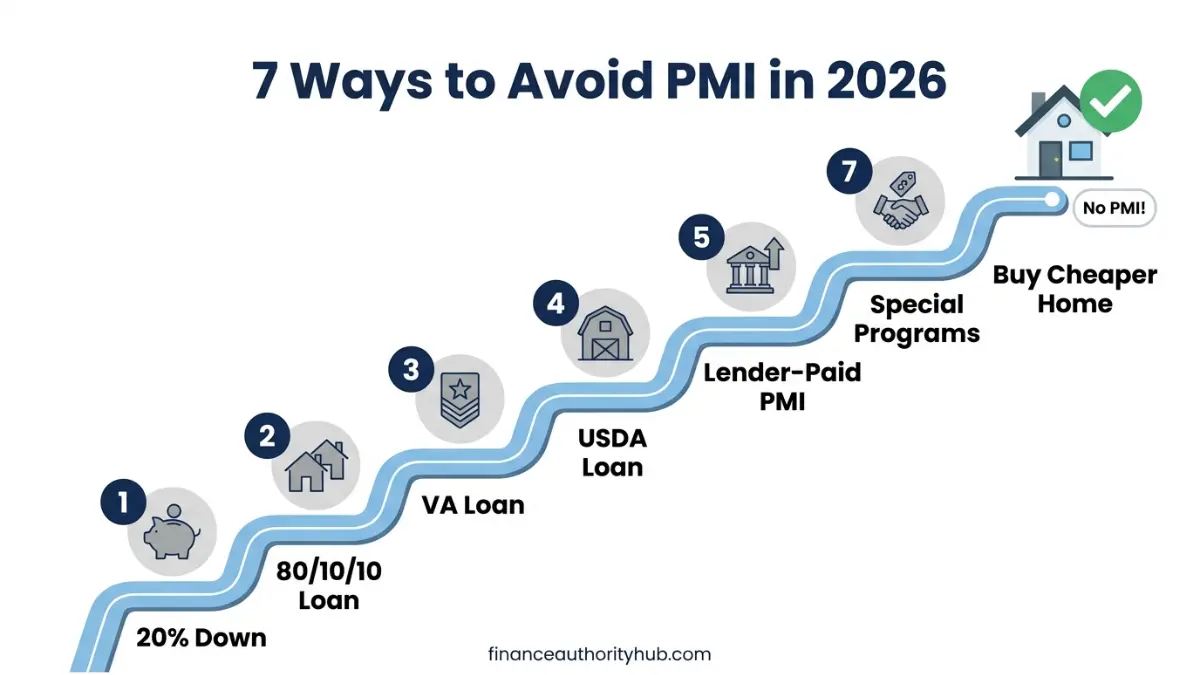 PMI avoidance roadmap showing 7 proven ways to eliminate PMI including down payment and loan strategies