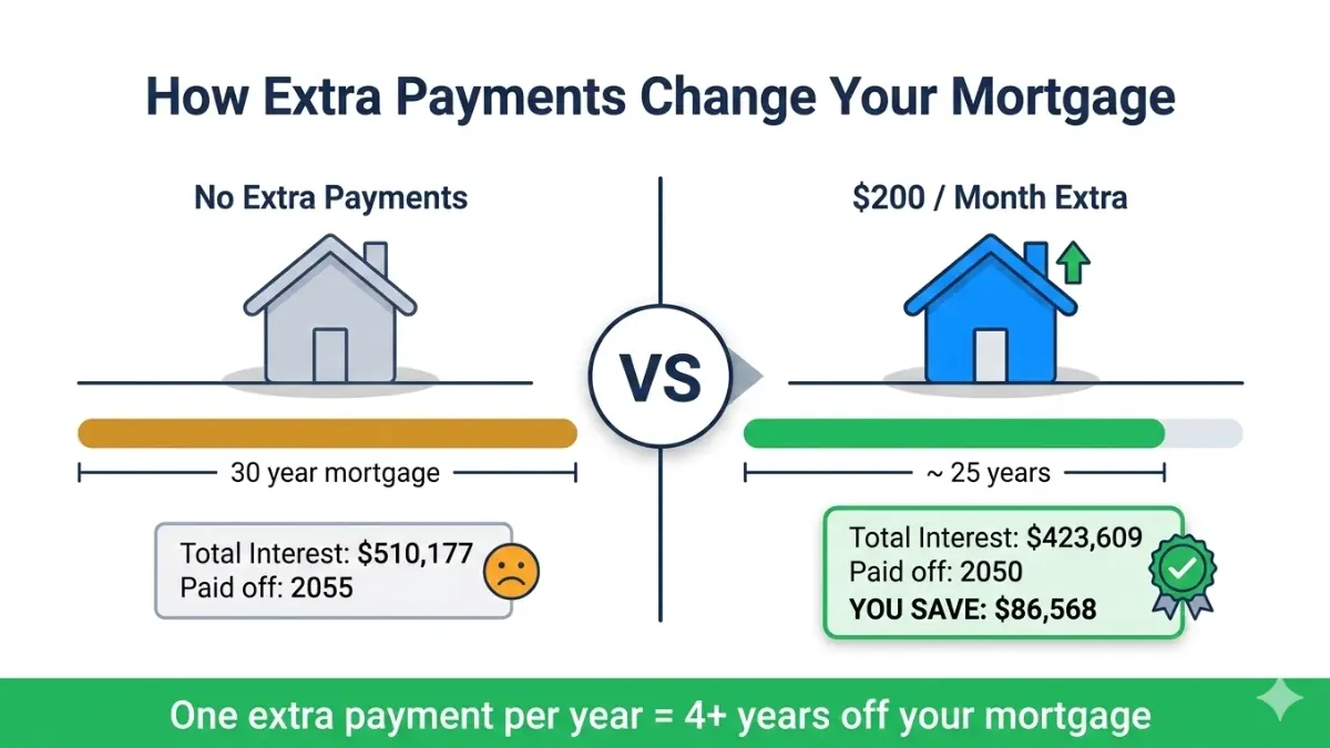 Amortization Calculator comparison showing how extra mortgage payments reduce loan length and total interest