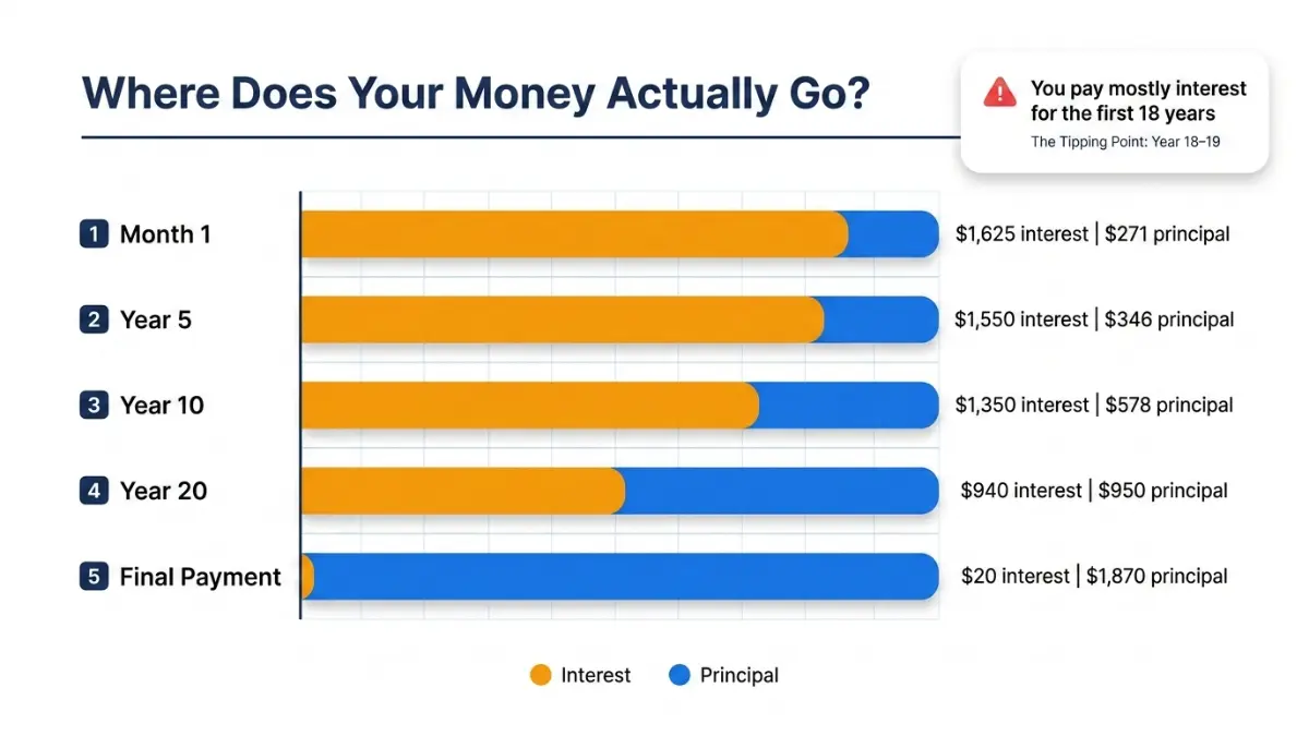 Amortization Calculator chart showing interest vs principal payment breakdown over a 30-year mortgage timeline
