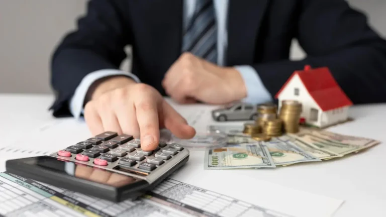 Amortization Calculator example showing mortgage payment calculation with calculator house model and money