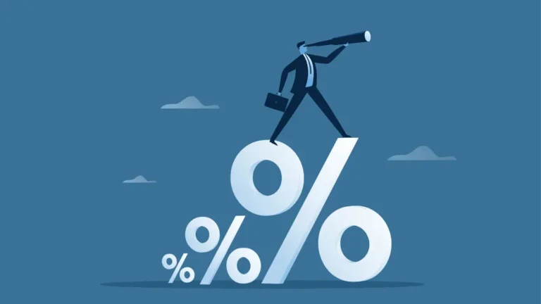APR Calculator illustration showing percentage symbol and business professional analyzing loan interest rates