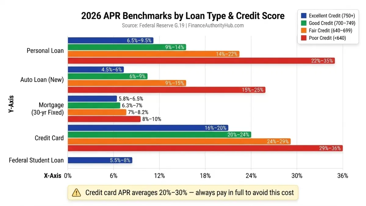 APR Calculator comparison chart showing 2026 APR rates by loan type and credit score including mortgage, auto loan, credit card, and personal loan