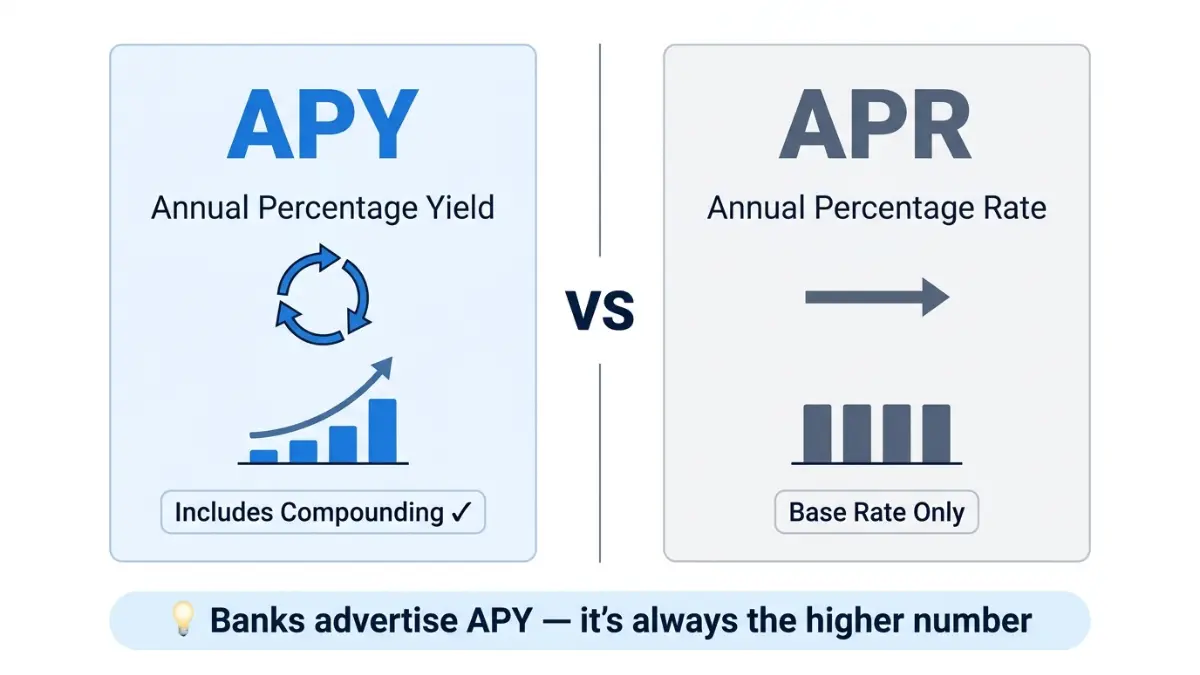 APY vs APR comparison chart showing compound interest vs simple rate for deposits using a CD Calculator
