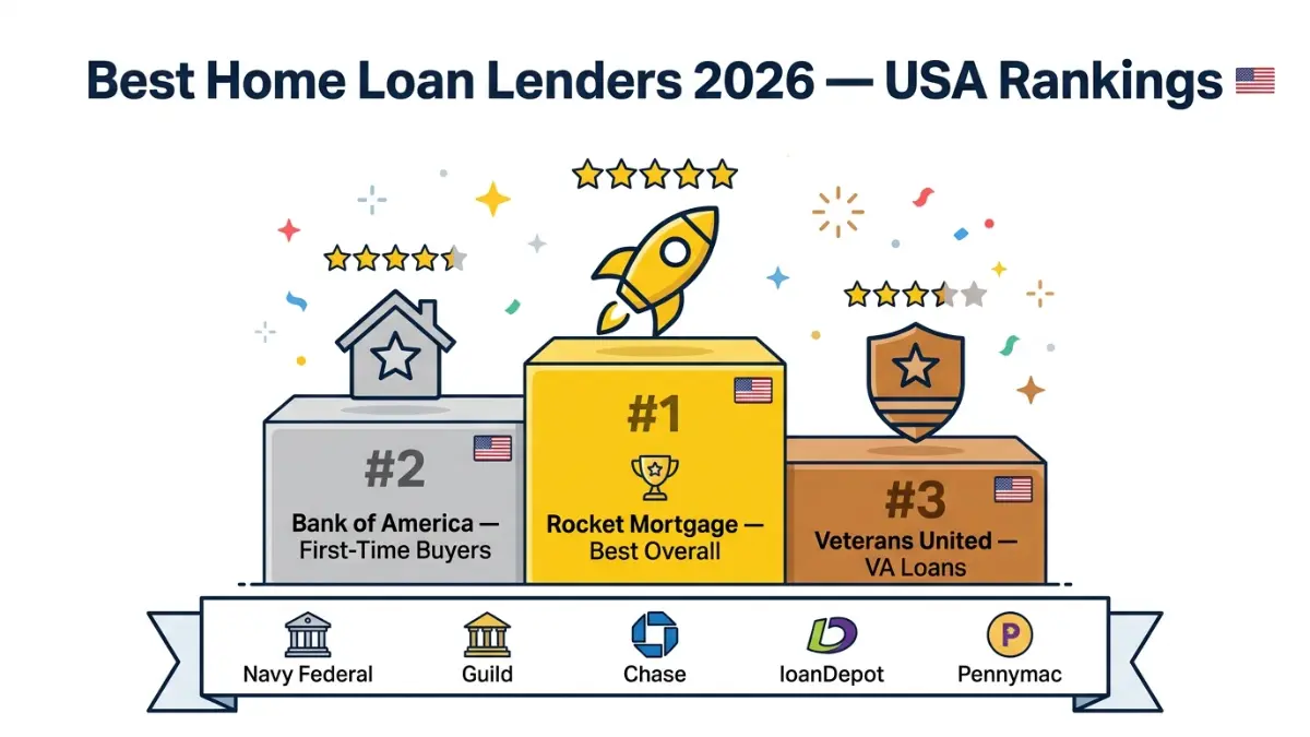 Best Home Loan Lenders 2026 USA rankings Rocket Mortgage Bank of America Veterans United podium illustration