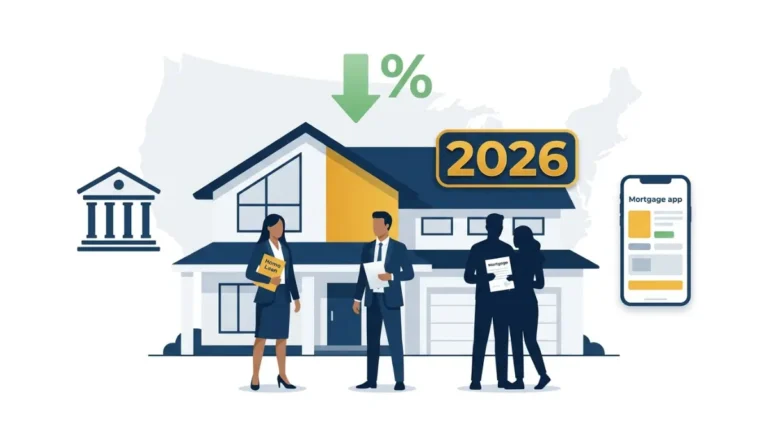Best Home Loan Lenders USA 2026 vector illustration showing house borrowers mortgage documents and interest rates