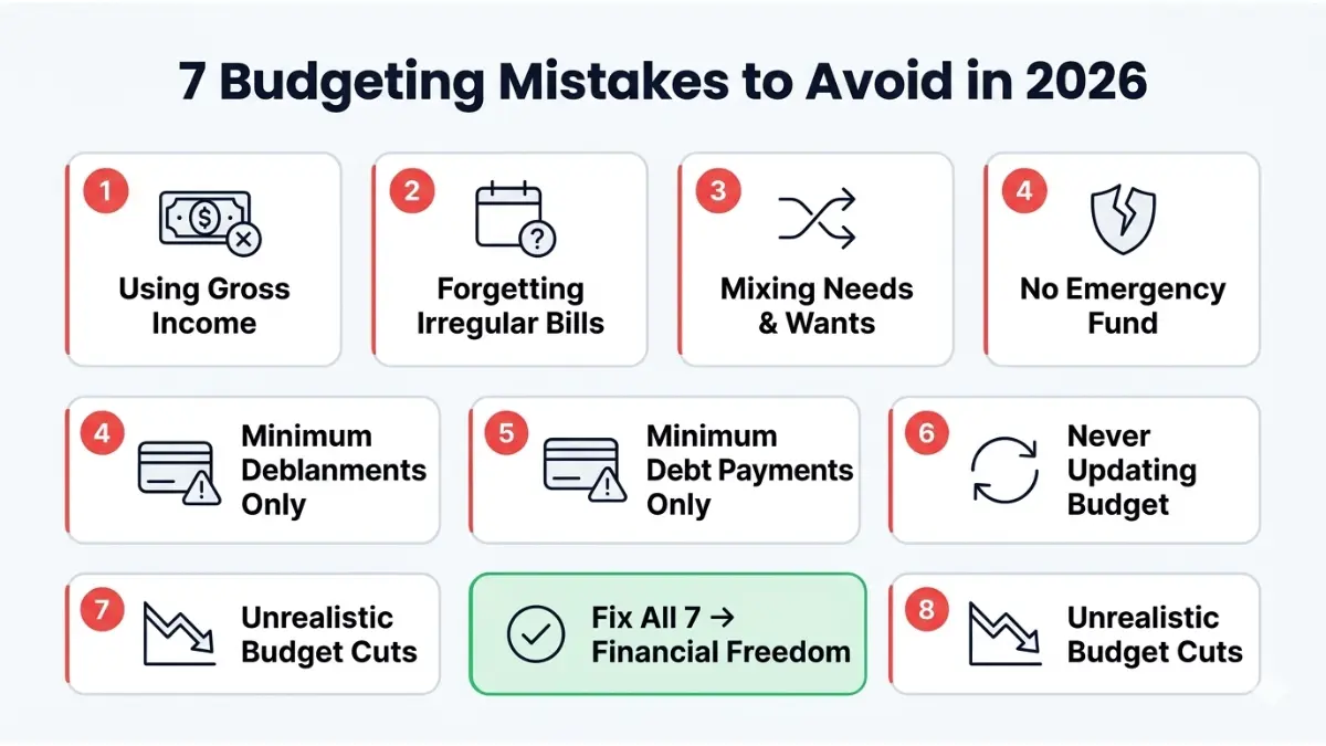 Budget Calculator infographic showing seven common budgeting mistakes people make when planning their finances