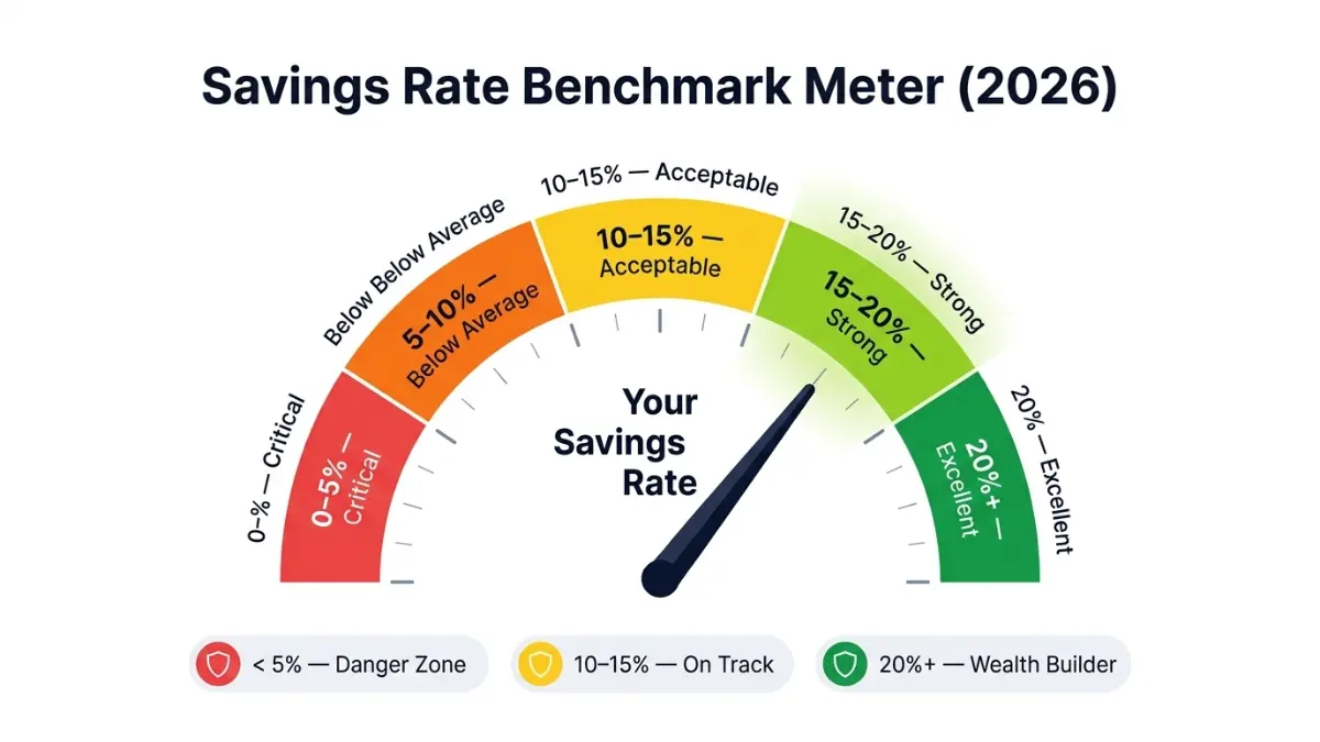 Budget Calculator savings rate benchmark meter showing critical acceptable and excellent savings percentages