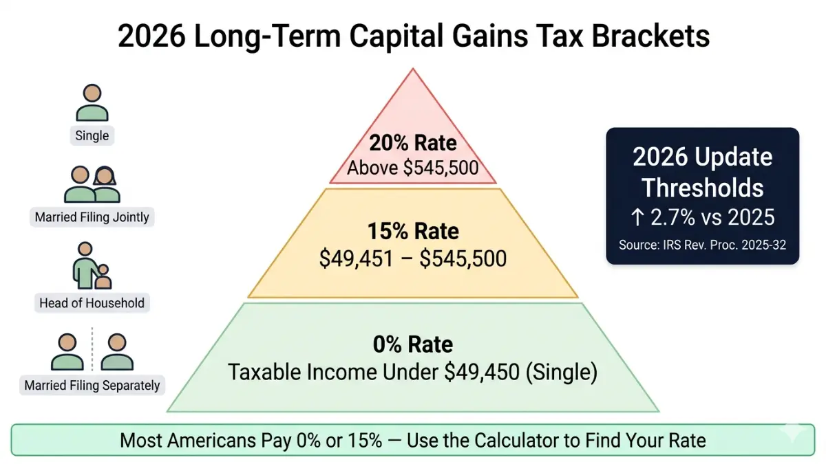 Capital Gains Tax Calculator visual showing 2026 long term capital gains tax bracket pyramid with 0 percent 15 percent and 20 percent tax rates by income level