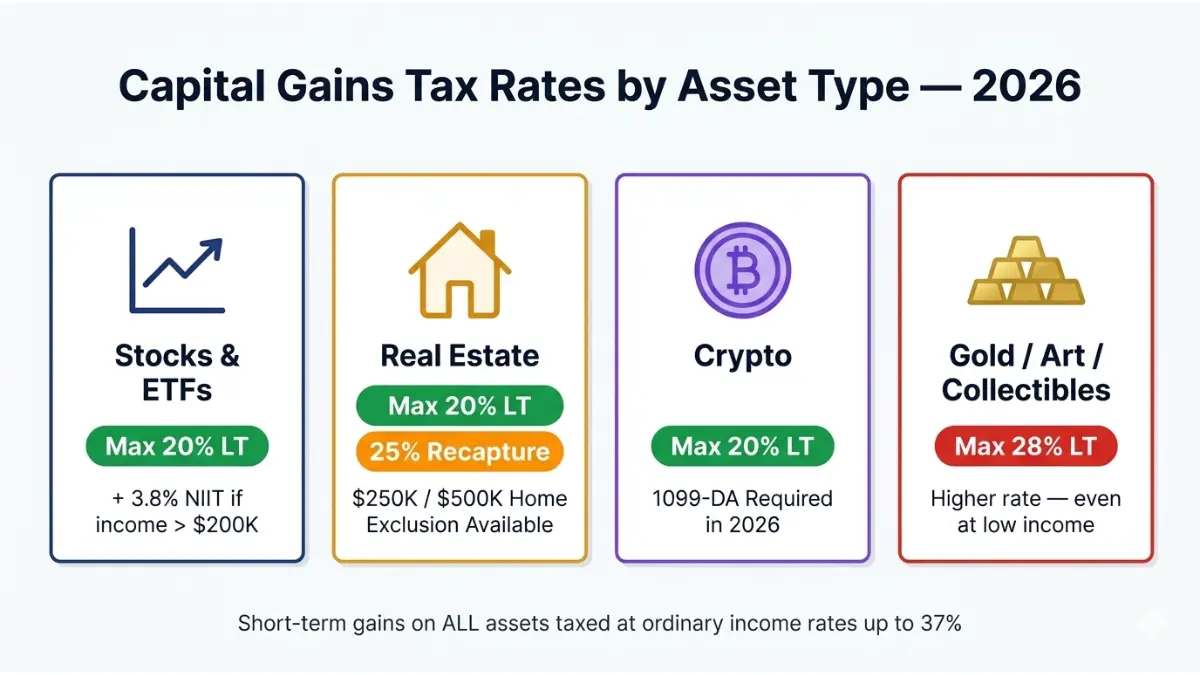 Capital Gains Tax Calculator infographic showing tax rates by asset type including stocks real estate crypto and collectibles in 2026