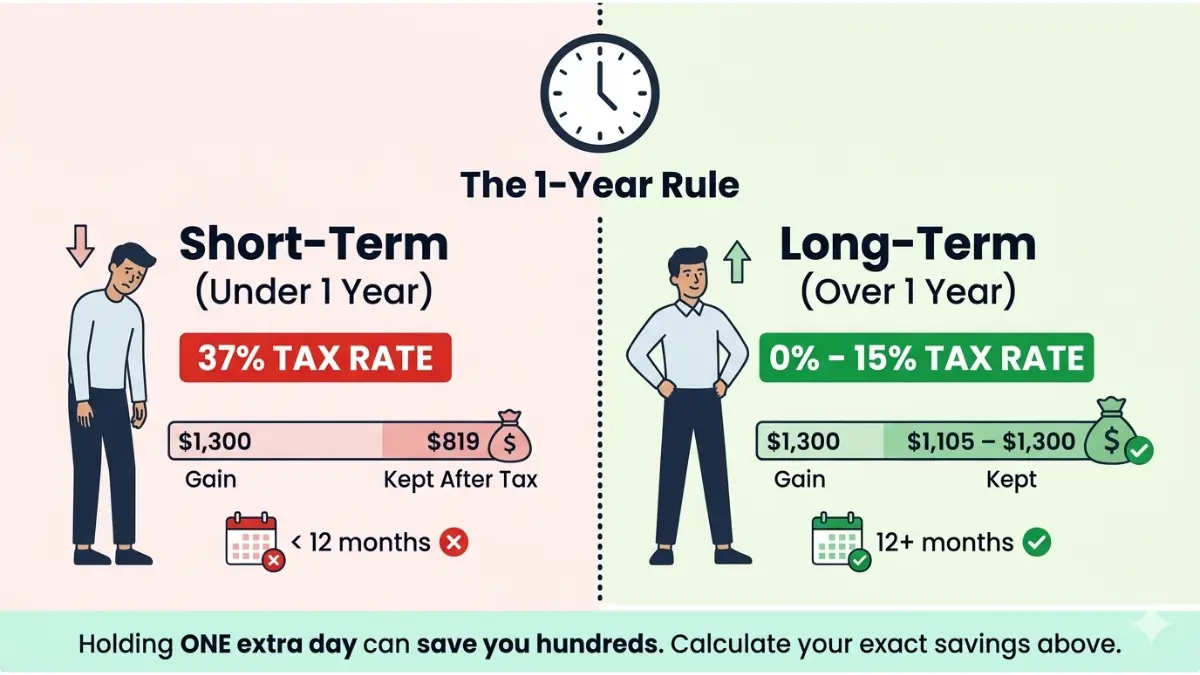 Capital Gains Tax Calculator comparison showing short term capital gains taxed up to 37 percent versus long term gains taxed 0 to 15 percent after holding assets over one year