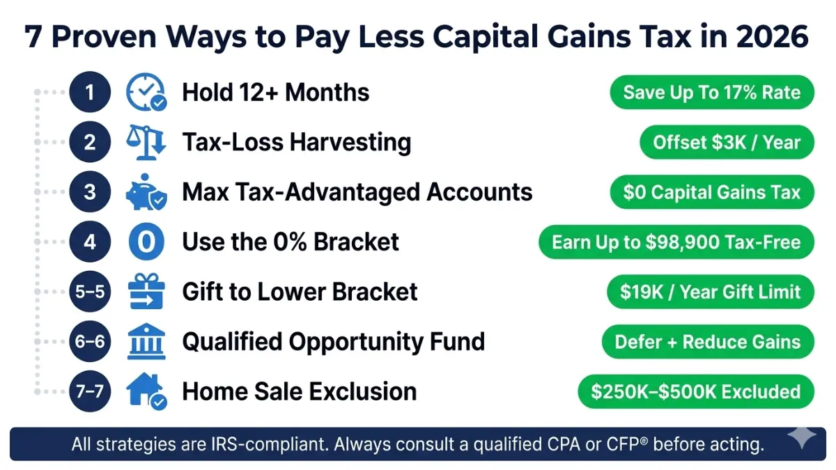Capital Gains Tax Calculator infographic showing seven strategies to reduce capital gains tax including tax loss harvesting 0 percent bracket and home sale exclusion