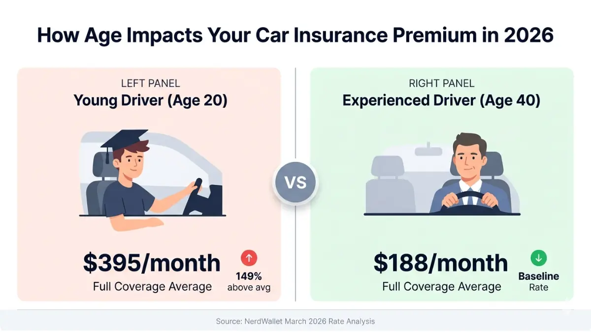 Car Insurance Calculator age impact comparison showing young driver vs experienced driver insurance rates in 2026