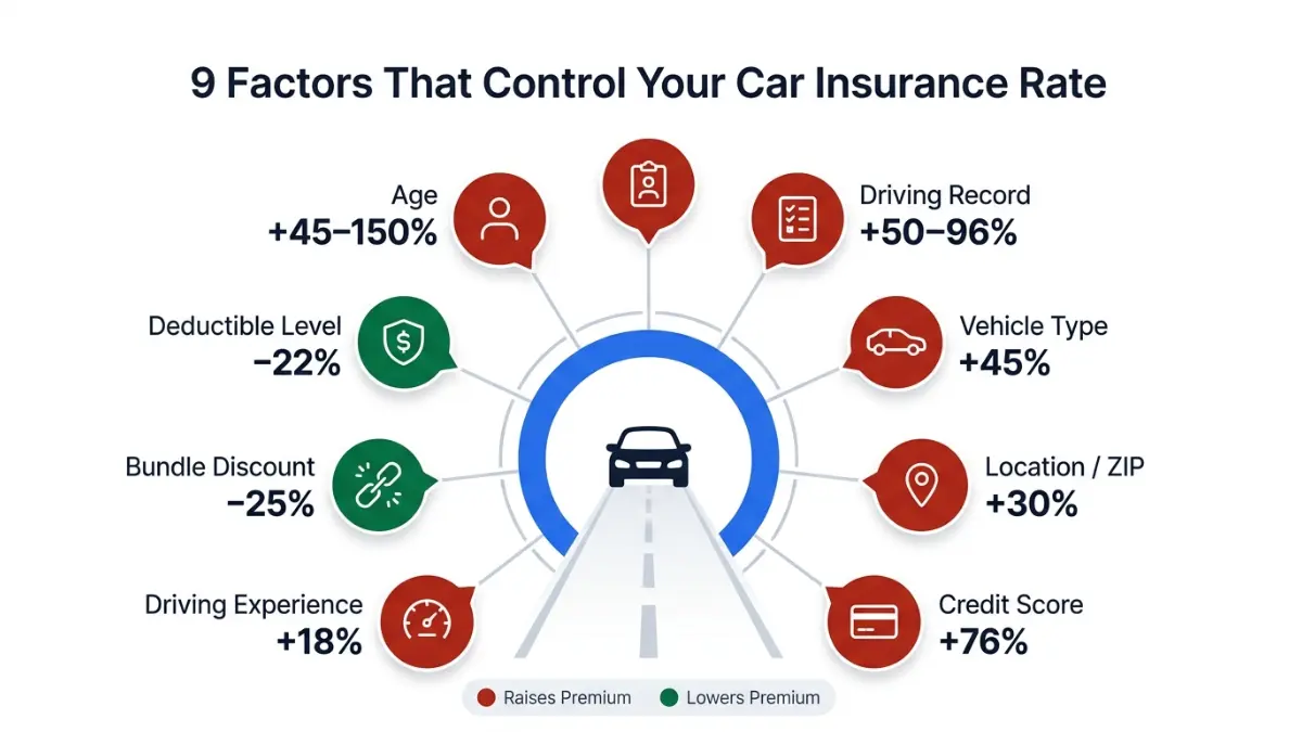 Car Insurance Calculator factors wheel showing 9 key factors that affect car insurance rates including age credit score location and deductible