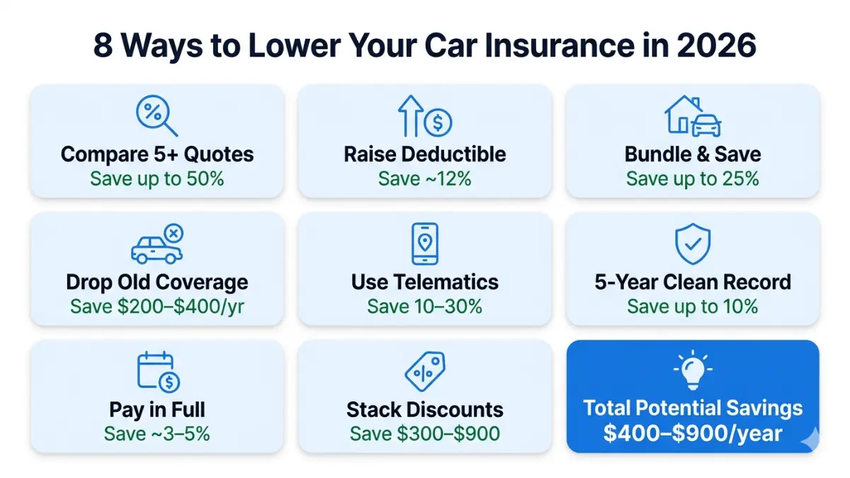 Car Insurance Calculator savings tips grid showing 8 ways to lower car insurance premium in 2026