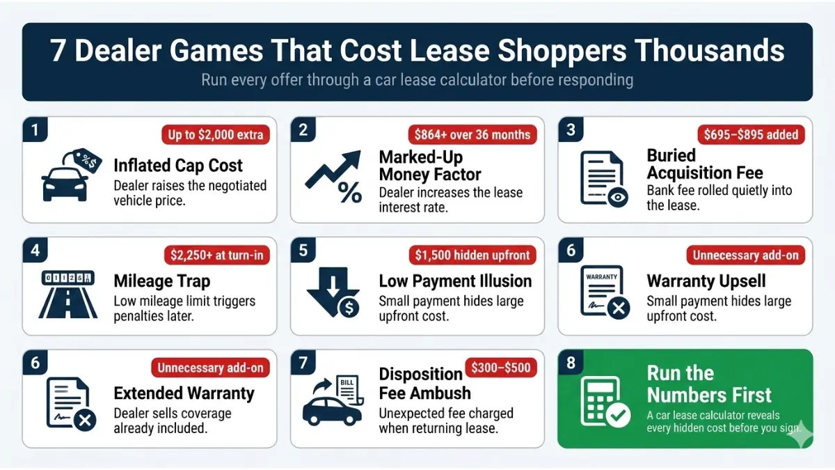 Car Lease Calculator infographic exposing dealer tricks like inflated cap cost money factor markup and hidden lease fees