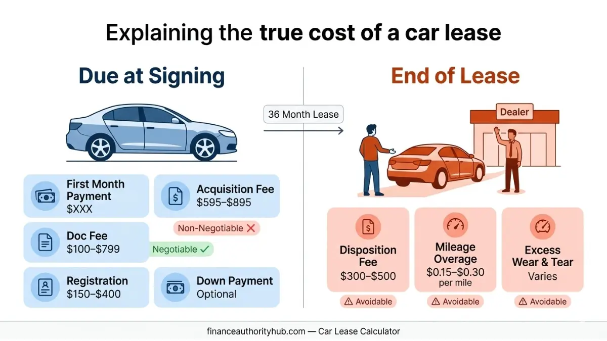 Car Lease Calculator infographic revealing true car lease costs including acquisition fee mileage overage and disposition fees