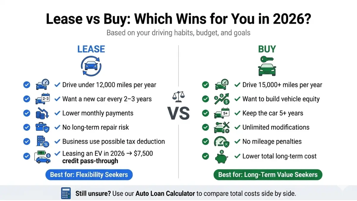 Car Lease Calculator comparison showing lease vs buy car decision based on mileage ownership and monthly cost