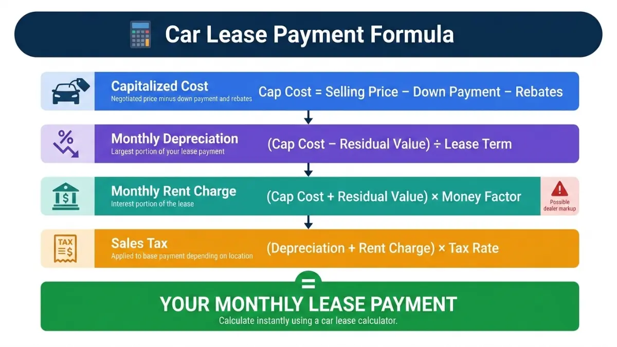 Car Lease Calculator formula breakdown showing capitalized cost depreciation money factor and tax calculation steps