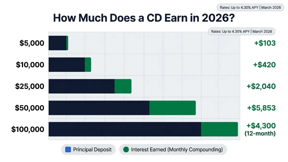 CD earnings examples for different deposit amounts visualized with a CD Calculator bar chart